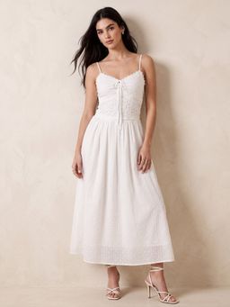 Outzidr - White Spaghetti Strap Embroidery Cut-Work Dress