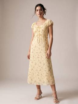 Outzidr - Yellow Short Sleeve Floral Printed Dress