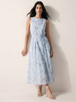 Outzidr - Light Blue Sleeveless Paisley Waist Fitted Dress