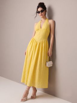 Outzidr - Yellow Schiffli Halter Neck Embroidered Dress