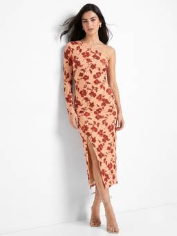 Outzidr - Peach One Shoulder Floral Print Slit Dress