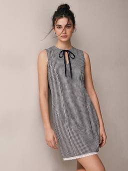 Outzidr - Black Mini Ghingham Check Dress with Bow
