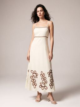 Outzidr - Cream Strappy Dress with Placement Embroidery Hem