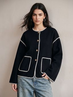 Outzidr - Black Polyester Solid Round Neck Full Sleeves Cardigan