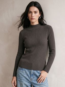 Outzidr - Charcoal Polyester Textured High Neck Full Sleeves Sweater