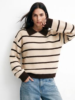 Outzidr - Beige Polyester Stripes Collar Neck Full Sleeves Sweater
