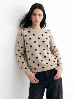 Outzidr - Khaki Polyester Polka Dots Crew Neck Full Sleeves Sweater