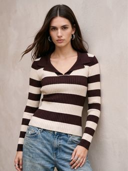 Outzidr - Multi-Color Polyester Stripes Collar Neck Full Sleeves Sweater