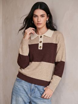 Outzidr - Multi-Color Polyester Stripes Collar Neck Full Sleeves Cardigan