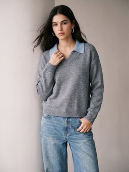 Outzidr - Grey Polyester Solid V-Neck Full Sleeves Sweater