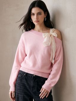 Outzidr - Pink Polyester Solid One Shoulder Full Sleeves Sweater