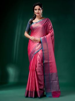 CHARUKRITI - Pink Organza Handwoven Soft Saree with Woven Design with Unstitched Blouse
