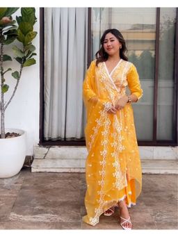 SEW - Yellow Embroidered Angrakha Kurta With Sharara and Organza Dupatta (Set of 3)