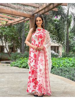 SEW - Multi Floral Embroidered Halter Kurta With Sharara and Organza Dupatta (Set of 3)