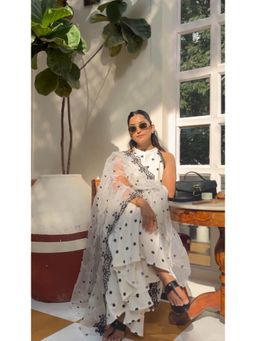 SEW - White Polka Dot Kurta With Sharara and Organza Dupatta (Set of 3)