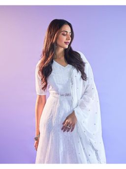 SEW - White Sequence Embroidered Kurta With Palazzo and Dupatta (Set of 3)
