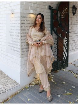 SEW - Beige And Gold Luxe Angrakha Kurta with Pant and Dupatta (Set of 3)