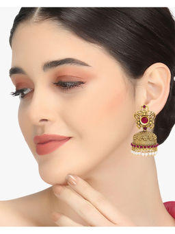 Adwitiya - Women 24K Gold-Plated Handcrafted Pink Stone-Studded Jhumki