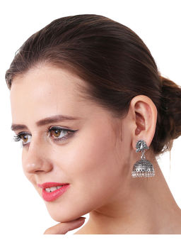 Adwitiya - Women Silver-Plated Handcrafted Peacock Dome Shaped Jhumkas