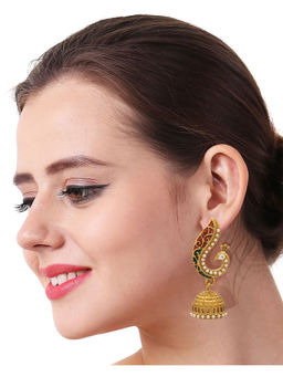 Adwitiya - Women 24K Gold-Plated Peacock Handcrafted Stone-Studded Jhumki