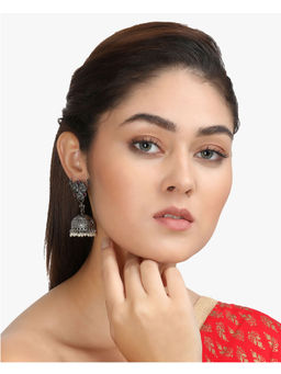 Adwitiya - Women Silver-Plated Handcrafted Pink Stone Jhumkas