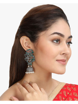 Adwitiya - Women Silver Plated Green Stone-Studded Peacock Shaped Jhumka
