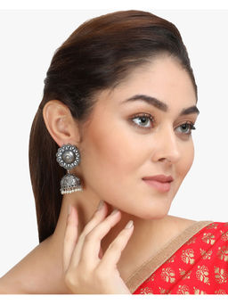 Adwitiya - Silver-Plated Pearl Oxidised Dome Shaped Jhumkas