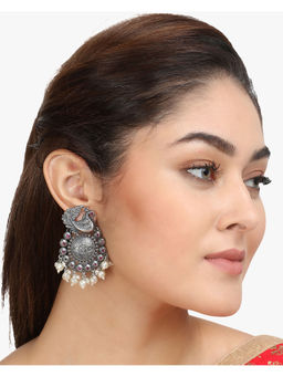 Adwitiya - Women Silver Plated Pink Stone Pearl Peacock Shaped Earrings