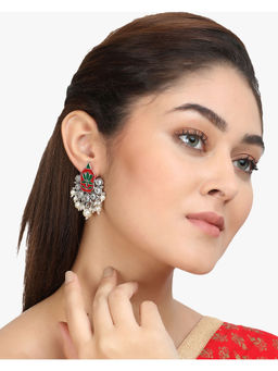 Adwitiya - Silver-Plated Red and Green Stone Classic Earrings