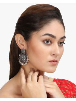 Adwitiya - Women Silver Plated Pink Stone-Studded Chandbali Earrings