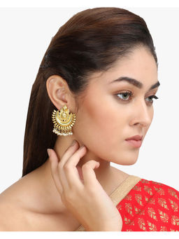 Adwitiya - Women Gold-Plated Temple White Pearl Chandbali Earrings