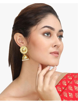 Adwitiya - Women Gold-Plated Dome Shaped Floral Pearl Jhumka