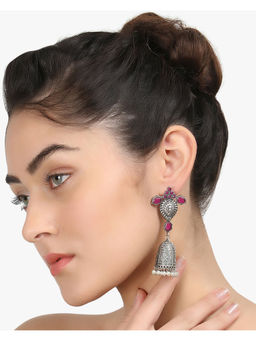 Adwitiya - Women Silver Plated Pink Stone Jhumka
