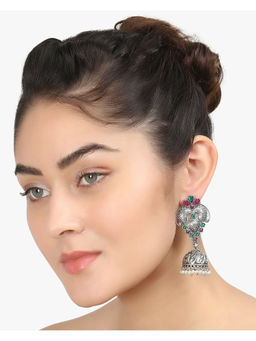 Adwitiya - Women Silver Plated Pink and Green Stone-Studded Dome Jhumka
