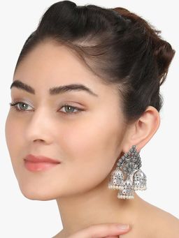 Adwitiya - Women White Pearl Silver Plated Oxidised Jhumka