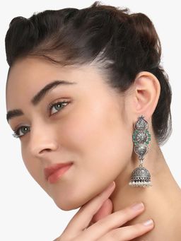 Adwitiya - Women Silver Plated Green Stone Long Oxidised Jhumka