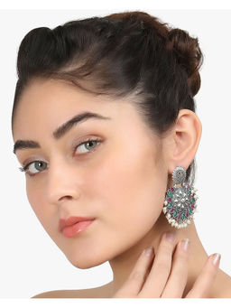 Adwitiya - Women Silver Plated Red and Green Stone Chandbali Earrings