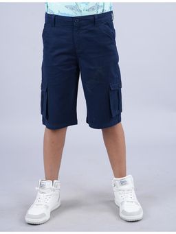 KiddoPanti - Navy Blue Boys Cotton Twill Knee Length Cargo Shorts