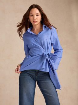 Outzidr - Blue Side Knot Detailing Street Style Shirt