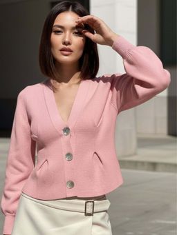 Outzidr - Pink Bell Sleeve Front Buttoned Cardigan