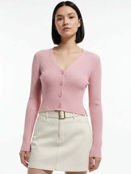 Outzidr - Pink Full Sleeve Buttoned Cardigan