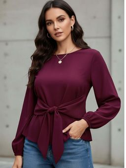 Outzidr - Maroon Full Sleeve Front Tie Up Top
