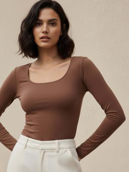 Outzidr - Brown Full Sleeve Round Neck Fitted Top