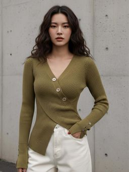 Outzidr - Olive Full Sleeve Wrap Asymmetrical Hem Top