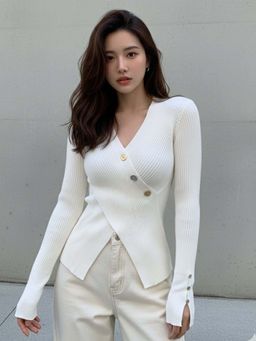 Outzidr - White Full Sleeve Wrap Asymmetrical Hem Top