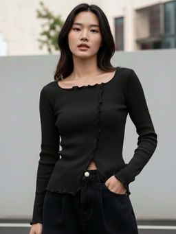 Outzidr - Black Full Sleeve Wavy Hem Top