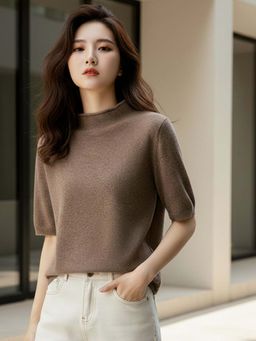 Outzidr - Brown Short Sleeve High Neck Relaxed Top