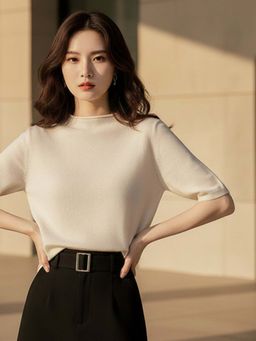 Outzidr - Cream Short Sleeve High Neck Relaxed Top