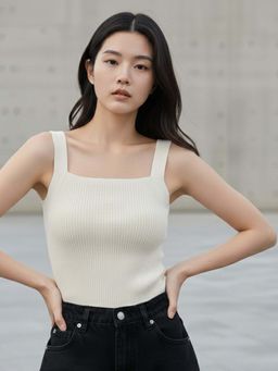 Outzidr - Off White Shoulder Strap Fitted Tank Top