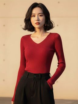 Outzidr - Red Full Sleeve V Neck Fitted Top